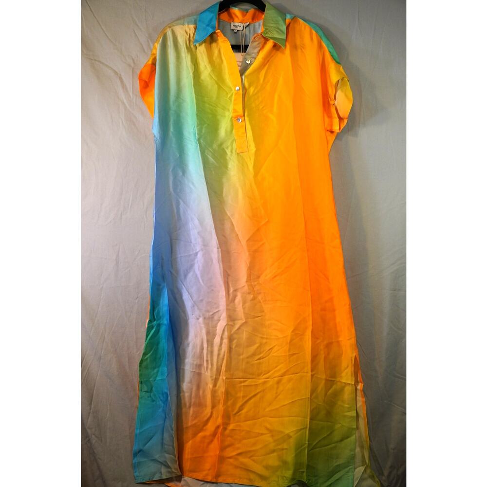 FRNCH Paris Galiena Ombre Rainbow Silk Feel Shirt Dress Maxi Small NWT